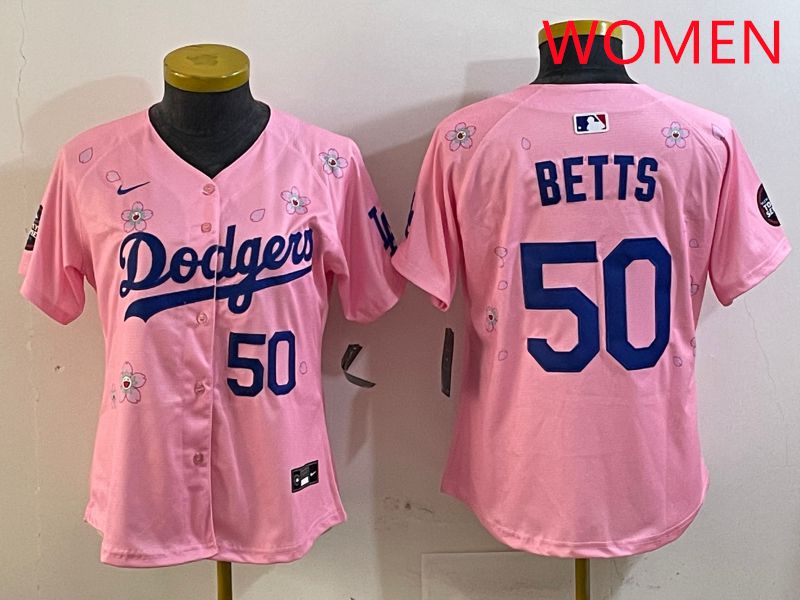 Women Los Angeles Dodgers #50 Betts Pink Sakura Edition 2025 Nike MLB Jersey style 4